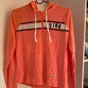 EUC PINK Victoria's Secret Coral Pink Zip-Up Hoodie with White and Black Stripe